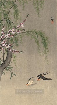 小原古邨 Painting - 大原古邨新版画の上に飛ぶ二羽のツバメ 柳の枝と開花する桜